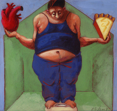 Image of overweight women balancing heart health and pie on a scale