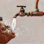 Art of a boy drinking water from a sink