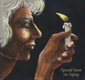 Painting of an elder woman holding a lit candle in from of her. "Special Issue on Aging" in in yellow text on the bottom right of the painting.