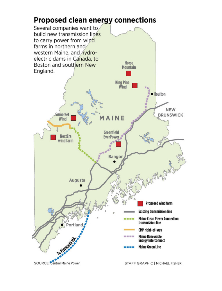 Map of the state of Maine and proposed energy transmission lines coming from Canada