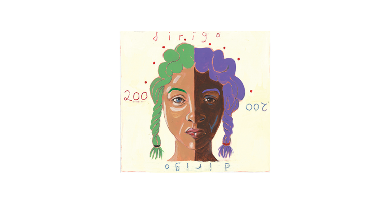 Maine Policy Review cover depicting a woman's face half white and half black with the number 200 on each side. 200 is upside down on the black side. Word "dirigo" is at the top and bottom and dirigo is upside down at the bottom to represent the Maine Policy Matters podcast episode focused on commemorating Indigenous Peoples' Day.