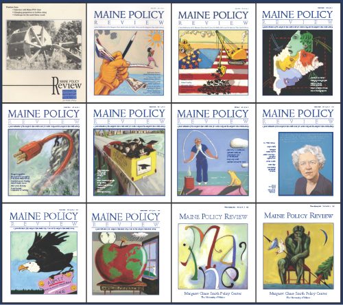 Maine Policy Review 20th anniversary artwork compiling 12 previous journal covers, including Senator Margaret Chase Smith, an eagle, large apple on a desk, the American flag with a crane removing the stars, and a fist holding a pen and paper.