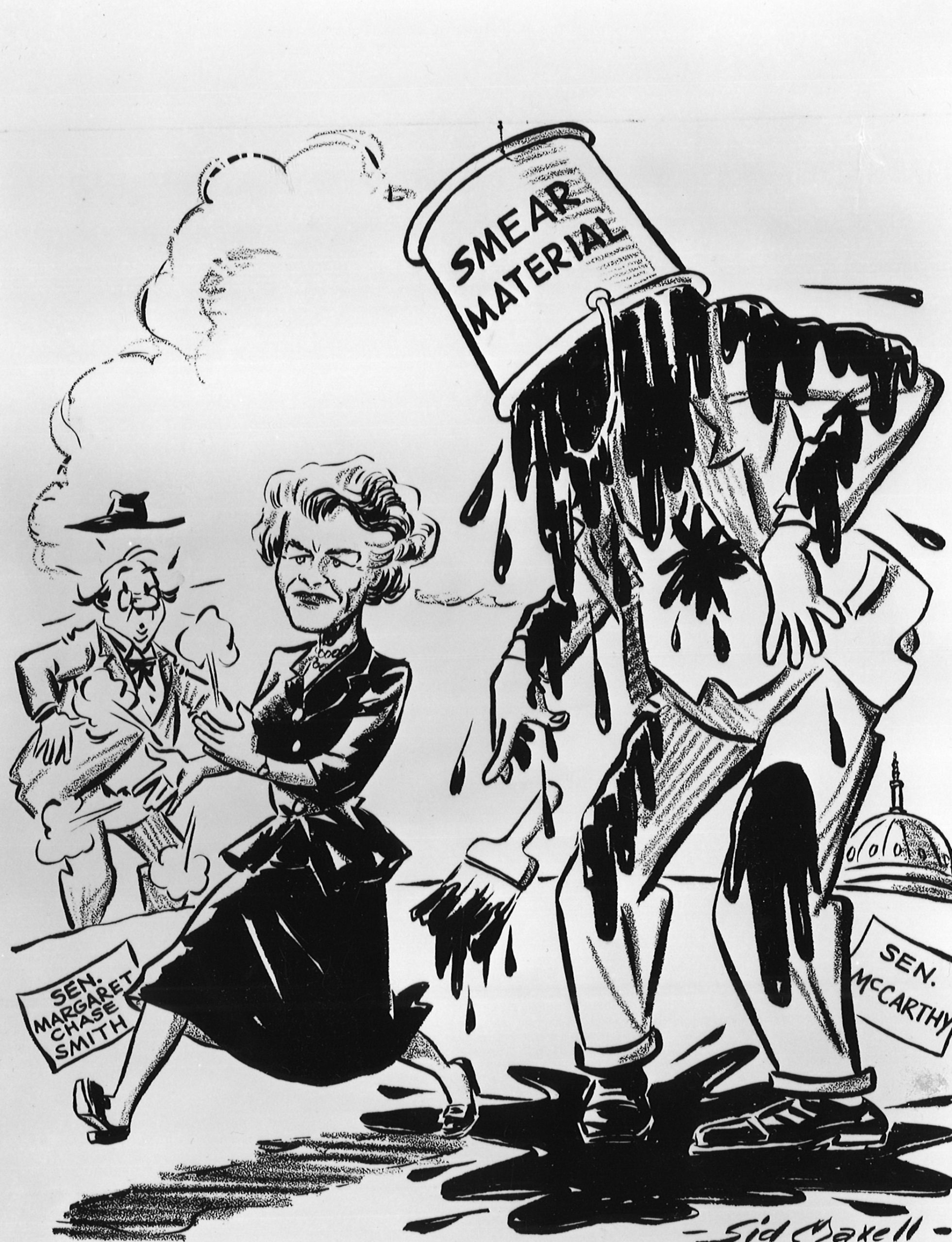 Political Cartoon of Senator Margaret Chase Smith placing a bucket that says "smear material" over the head of Senator Joseph McCarthy. In the back ground is the U.S. Capitol and a surprised onlooker.