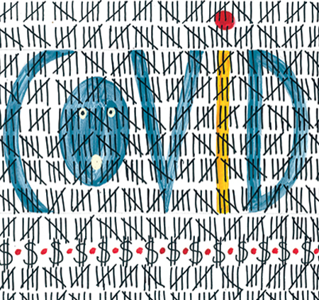 Maine Policy Review cover depicting an the word COVID with the "o" as a surprised face