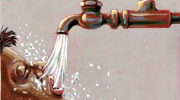 Cover of the Maine Policy Review. Artist rendition of a young child drinking clean water from a faucet.