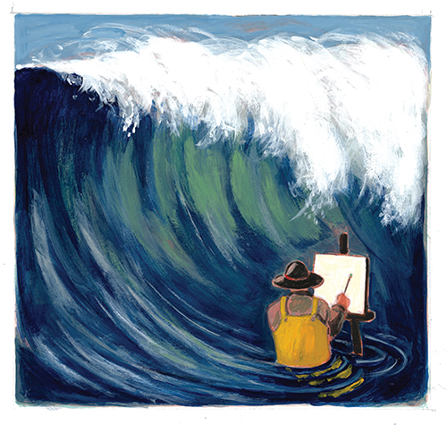 MPR cropped cover of Volume 32 Number 2. Artist sitting in water painting on canvas sitting on easel as a wave crashes over them.