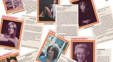 Collage of Super Sister novelty cards depicting influential women with December birthdays, including Margaret Chase Smith., Cathy Rigby Mason, Jackie Cassello, Margaret Mead, Julie Harris, Lois Gould, and Claudia Weill.