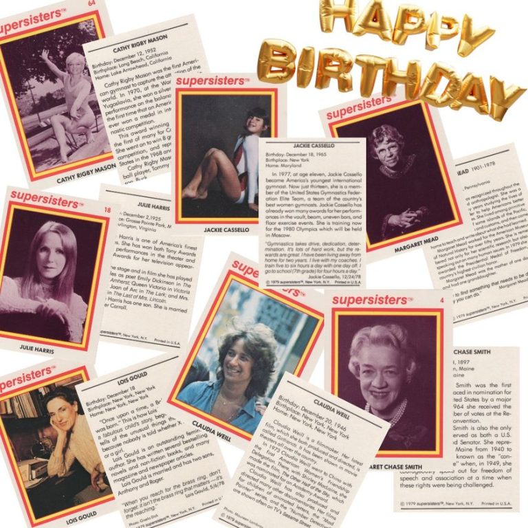 Collage of Super Sister novelty cards depicting influential women with December birthdays, including Margaret Chase Smith., Cathy Rigby Mason, Jackie Cassello, Margaret Mead, Julie Harris, Lois Gould, and Claudia Weill.