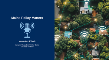 Maine Policy Matters logo is on the left side of the image and WiFi networks top view highlighting citywide access is on the right side of the image, split in the middle.