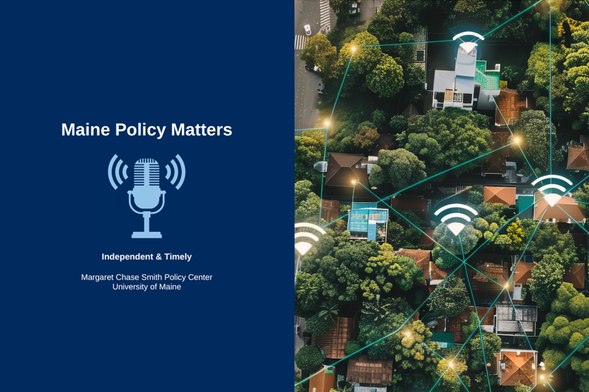 Maine Policy Matters logo is on the left side of the image and WiFi networks top view highlighting citywide access is on the right side of the image, split in the middle.