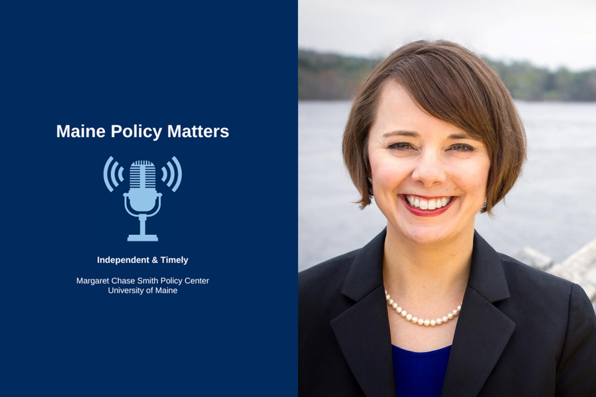 Maine Policy Matters logo is on the left side of the image and a headshot of Shenna Bellows is on the right side of the image, split in the middle.