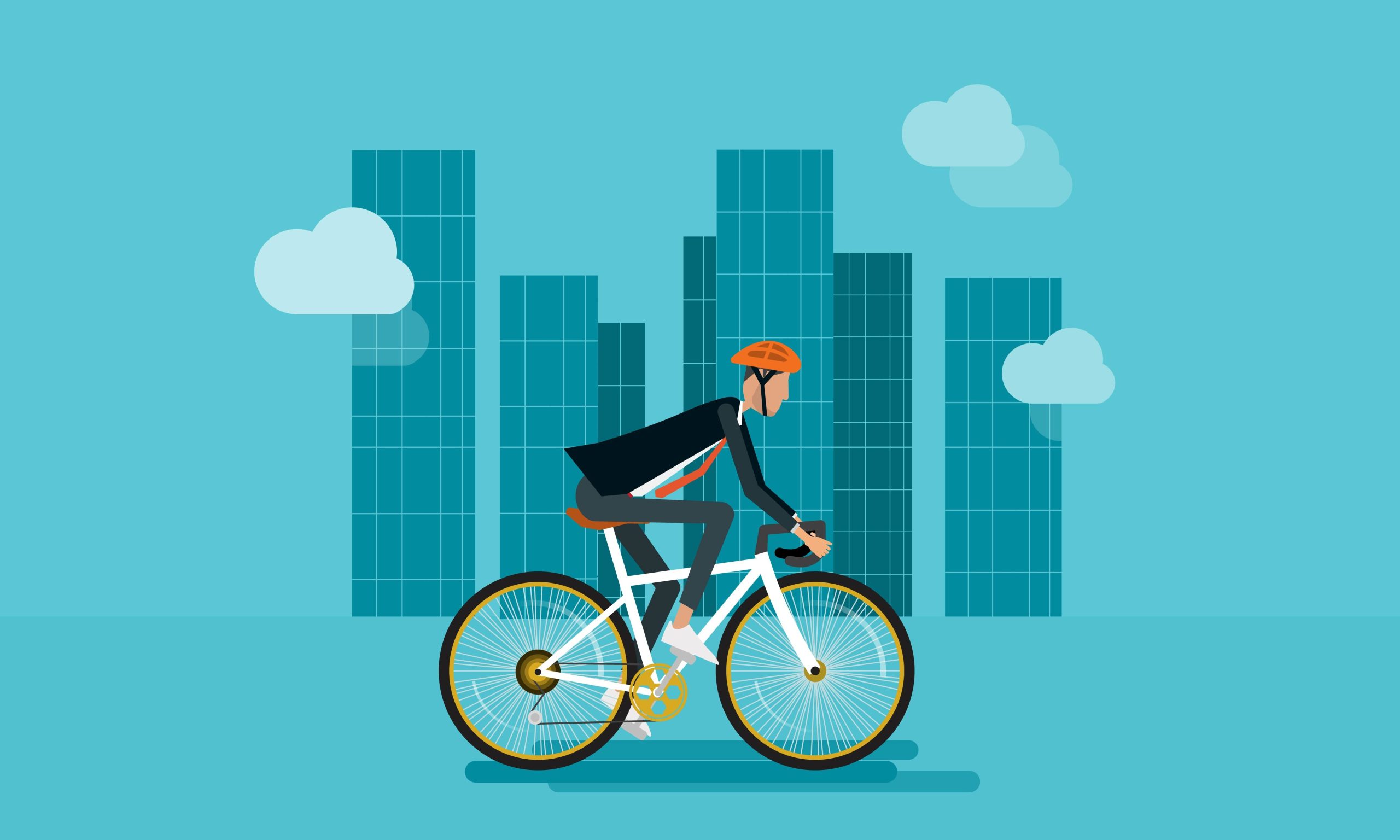 Illustration of a businessperson riding a bicycle through a cityscape, wearing a helmet and suit, with tall glass buildings and clouds in the background. Represents sustainable commuting for National Bike to Work Day.